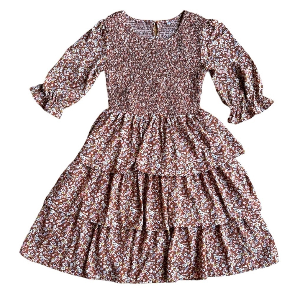 Floral Print Mini Dress Puff 1/2 Sleeves Flowy 3 Layer Ruffles Sz Large - Picture 3 of 5